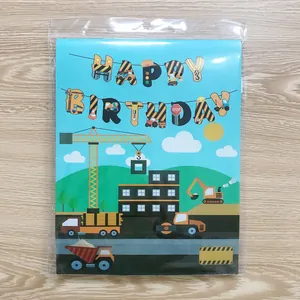 Construction theme Happy Birthday banner featuring excavators and cranes on wood surface