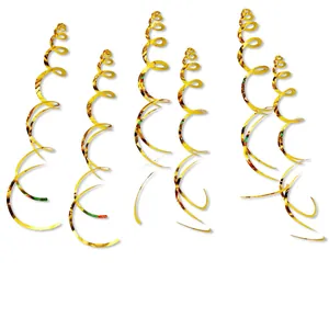 Close-up of golden PVC spiral swirls with high-gloss metallic finish for party decor