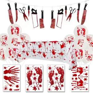Halloween bloody banner, blood handprint balloons, and sticker set for party decor