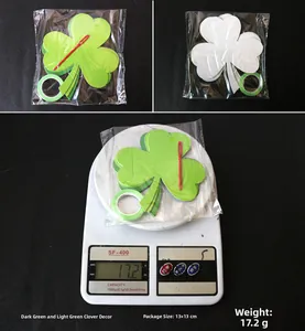 Detail view of St. Patrick's Day shamrock banner packaging size and product weight