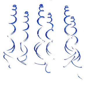 Close-up of metallic dark blue PVC spiral swirls for party ceiling decoration