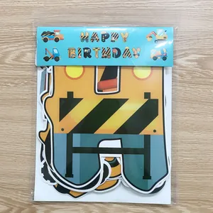 Detailed view of excavators birthday banner set in original packaging and blue header card