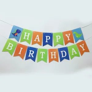 Dinosaurus Happy Birthday slinger in blauw, groen en oranje karton voor feesten