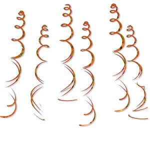 Detailed view of six metallic orange PVC hanging swirls for party venue decorations