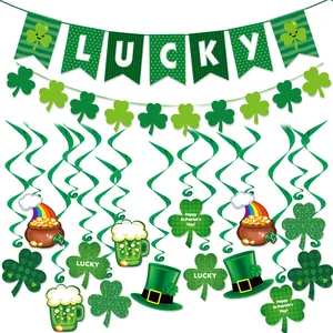 Decoración Día de San Patricio Pancarta Sombrero Leprechaun Caldero Oro Cerveza Arcoíris Espirales Trébol Guirnalda Irlandesa Fiesta