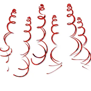 Detail of 6-piece red PVC hanging swirls with metallic finish for party decoration