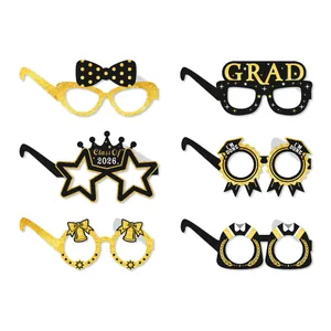 Set of 6 black and gold 2026 graduation party paper glasses props with glitter finish
