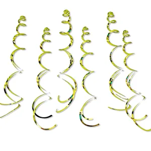 Set of six shiny gold PVC spiral streamers for wedding and party ceiling decorations