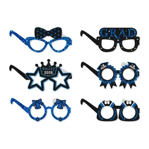 Set of 6 blue glitter graduation party paper glasses with Class of 2026 and GRAD designs