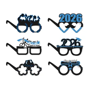 Set of 6 blue and black 2026 graduation party glasses with glitter finish for photo booths