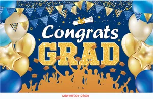 Detail van blauwe en gouden afstudeerbanner met Congrats GRAD tekst en feestballonelementen
