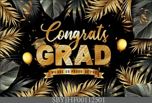 Detail van Congrats Grad banner met zwart-gouden ballonnen en afstudeerhoed ontwerpelementen