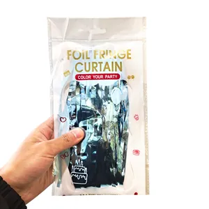 Detailed retail packaging of a shiny light blue foil fringe curtain for party backdrops