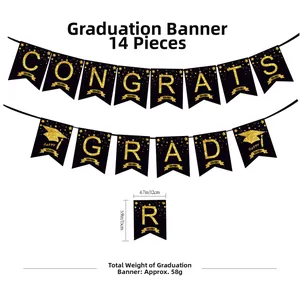 Banderole Congrats Grad noir et or avec chapeaux de diplômé pour décoration de fête