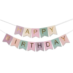 Macaron Happy Birthday banner with gold foil lettering for elegant party decoration