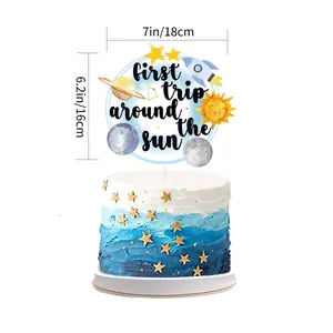 Astronaut themed first trip around the sun cake topper for 1st birthday party decoration