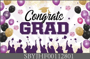 Detail van Congrats GRAD afstudeerbanner met paarse ballonnen en gouden feestelementen