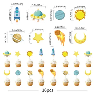 16-piece astronaut space theme cake toppers with dimensions for party decoration