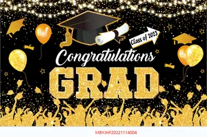 Detail van de 2023 examenfeest achtergrond met gouden GRAD tekst en ballonnen