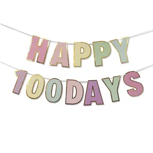Colorful Happy 100 Days banner with macaron tones and gold foil edges for party decor