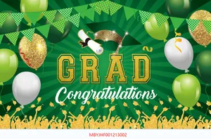 Groene en gouden afstudeerachtergrond met feestballonnen en gouden menigte silhouet
