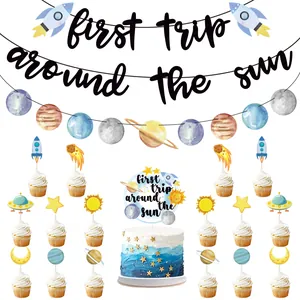 Astronaut Theme First Trip Around The Sun Birthday Party Decoration Banner Watercolor Planet Cake Topper Hanging Ornaments