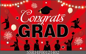 Detail van rode afstudeerachtergrond met Congrats GRAD tekst en silhouetten van studenten