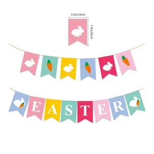 Pancarta colorida de Happy Easter con conejos y zanahorias para decoración de fiesta