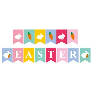 Detalle del cartel de Pascua con diseños de conejo zanahoria y letras en tonos pastel