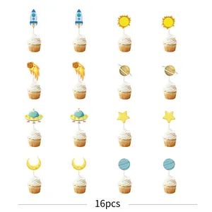 Set of 16 astronaut themed cupcake toppers with planets rockets and stars designs