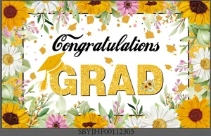 Detail van afstudeerachtergrond met Congratulations GRAD tekst, zonnebloemen en hoeden