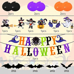 Halloween decoratieset met banner, spiraalvormige hangers en vleermuis muurstickers voor feestjes