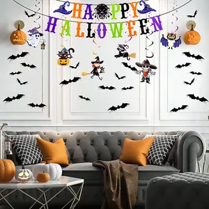 Halloween decoratieset met Happy Halloween banner, swirls en vleermuis muurstickers voor feest