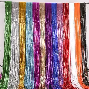 Metallic tinsel foil fringe curtains in multiple colors for party backdrop decoration