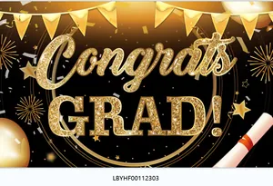 Detail van de Congrats GRAD banner met gouden glitterletters en feestelijke decoraties