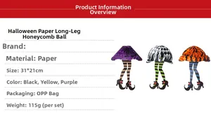Detail showing paper honeycomb witch leg hanging decor in purple, black, and orange colors