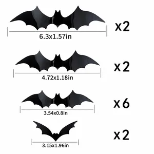 12-delige Halloween 3D vleermuis muursticker set in diverse maten met glanzende afwerking