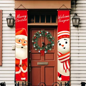 Red Merry Christmas and Welcome New Year porch banners with Santa and Snowman graphics