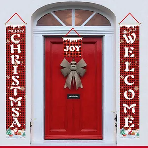 Red and black buffalo plaid Merry Christmas porch banner set with festive illustrations