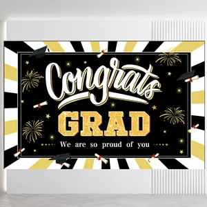 Congrats Grad banner achtergrond met zwart en goud sterren voor afstudeerfeest decoratie