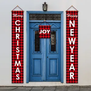 Christmas Porch Banner Hanging Sign Red Black Buffalo Check Merry Christmas Happy New Year Welcome Home Party Decoration
