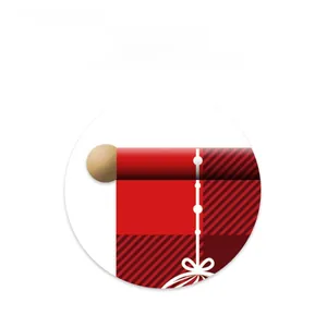 Close-up of red plaid Christmas door banner with wooden stick for stability