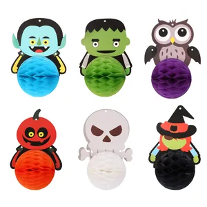 Lot de 6 décorations d'Halloween en papier nid d'abeille avec citrouille et fantôme