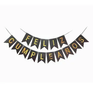 Spanish Feliz Cumpleaños birthday banner with gold foil letters on black cardstock flags