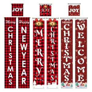 Detailed views of red black buffalo plaid Christmas banners with festive text and reindeer