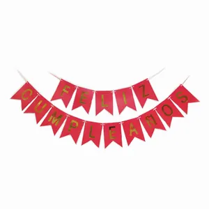 Pink and gold Feliz Cumpleaños banner for Spanish birthday party decorations set