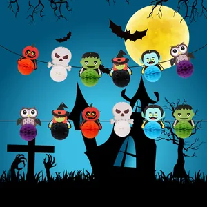 Halloween Guirlande Papier Alvéolé Bannière Citrouille Fantôme Vampire Sorcière Crâne Frankenstein Hibou Décoration Fête