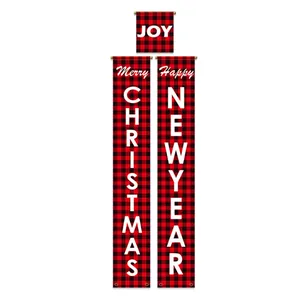 Three-piece red and black buffalo plaid Christmas banners with Joy and Merry Christmas text