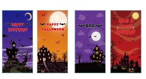 Detail of four Halloween greeting cards with spooky designs and festive glitter lettering