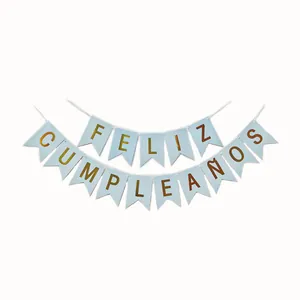 Spanish light blue Feliz Cumpleaños birthday banner with gold foil lettering for parties